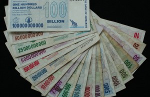 Zimbabwe Dollars ranging from 10 to 100 billion printed within a one year period. The magnitude of the currency scalars signifies the extent of the hyperinflation.