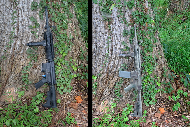Before and after shot of the Camo paint job on my AR15.