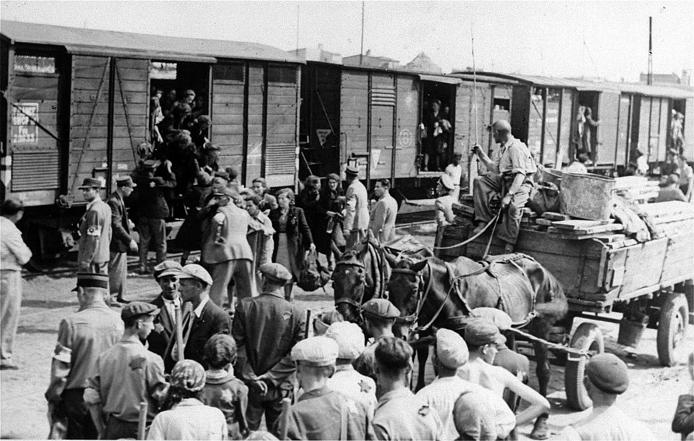 Following the public announcement of the establishment of the Lodz ghetto on February 8, 1940, Jews were expelled from all other parts of the city and moved into the ghetto area. 164,000 Jews were imprisoned in the ghetto when the Germans sealed it off on April 30, 1940.